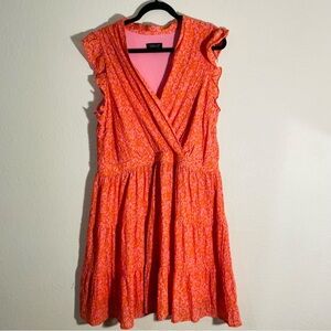 Rachel Zoe orange flowy feminine mini dress size 16 slit neck ruffled sleeves